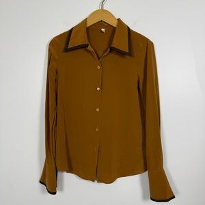 LilySilk 100% Mulberry Silk Blouse Caramel Button Down Contrast Collar S